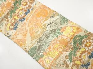 アンティーク　扇に屋敷風景・鼓・草花模様織り出し丸帯（材料）